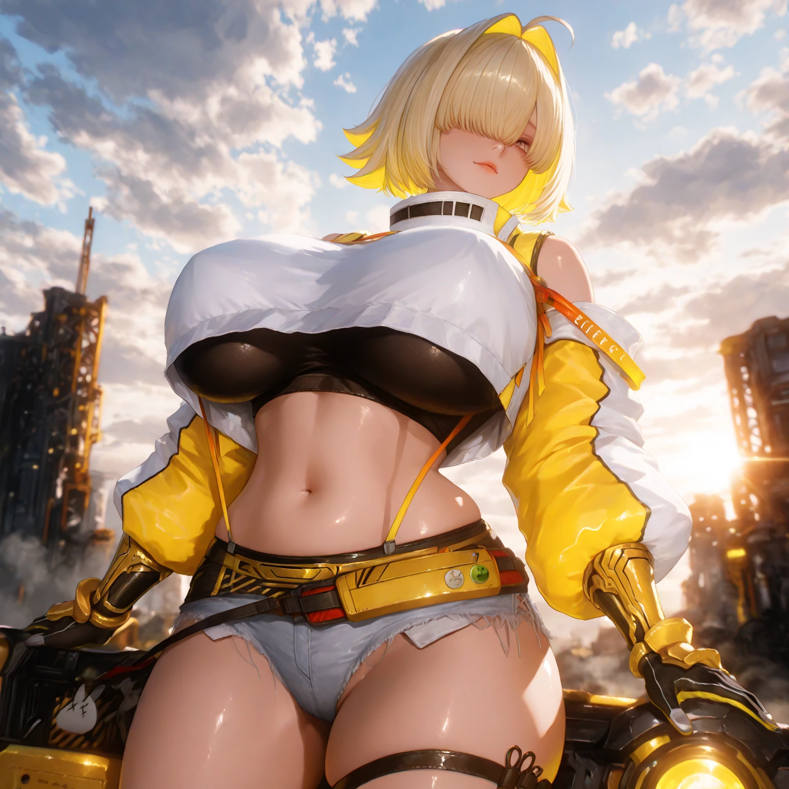 Giantess with firm , long sexy legs, yellow hair and in bikini is lying on the ground, while the city at her feet burns in flames for the destruction she has caused, while people run away from her, so as not to die crushed by her heels. Giantess, goddess, macrophilia, curvaceous body, hentai, fetish, sexy legs, bikini, high heels, high quality
