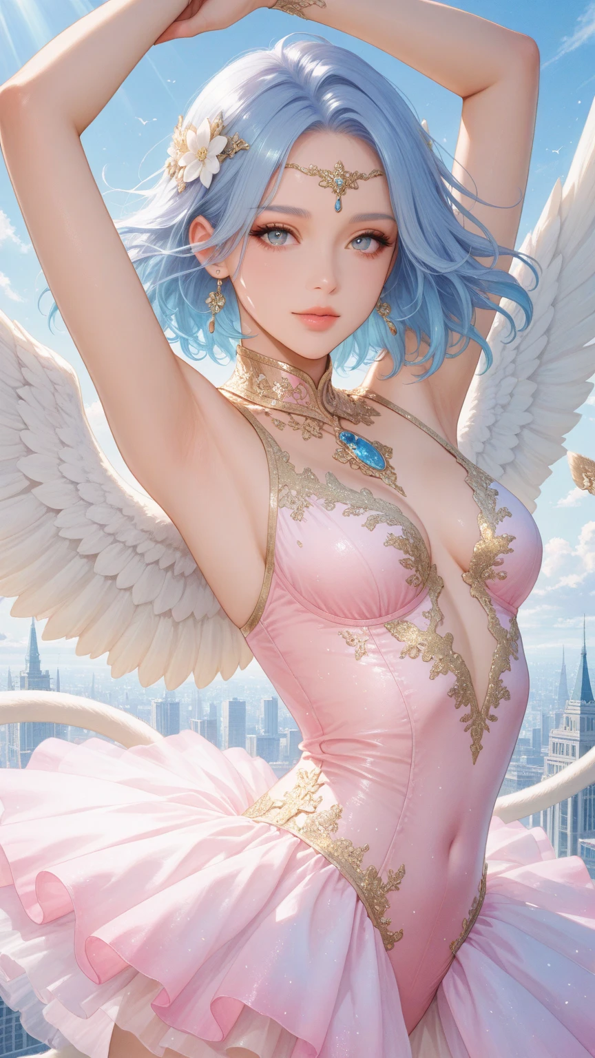White dress, rooftop, 1girl, 1 Screen View, from side, 8K, highest quality, Beautiful expression, standing, Shiny natural skin texture, cheerful, Cute face, nose blush, grin, fluffy bob cut, hair ribbon, (Wings are growing:1.8), (nsfw:1.1), (masterpiece:1.2), (see through:1.1), (puffynipple:1.1), (Light-pigmented nipple:1.3), (sky blue hair:1.6), (flower hair ornament:0.8)																	