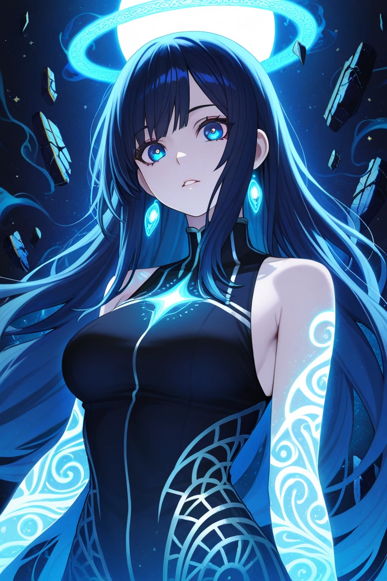 best quality, anime illustration, digital painting, bonanus, arms crossed, crossed arms, 1girl, smiling, facial mark, blue gemstone, circlet, forehead jewel, forehead mark, gem, long dark blue hair, horns, blue eyes, bodysuit, bare shoulders, cleavage, claws, lake, (blue aura, swirling energy:1.3), finely detailed background, amazing background