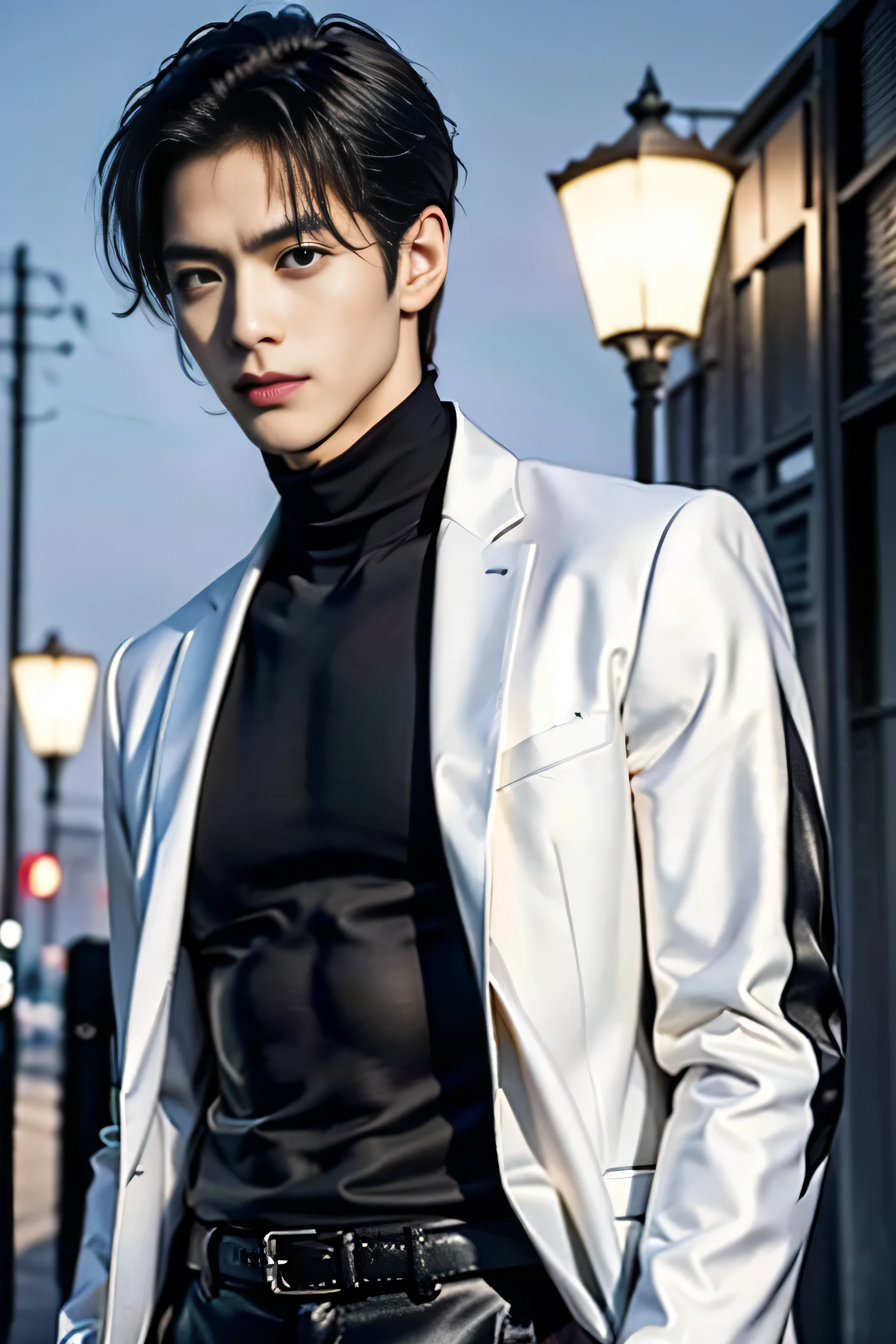 A 21-year-old Asian man, Thick eyebrows, Melon seed face, Handsome face, Men's full body, The background city night street view, Time is night, Deep blue sky, A full moon, his skin is fair, He is slender, the limbs have pronounced muscle lines, high-definition photography, Real-world scenarios, Lots of detail, wearing black leather jacket, black long pants with a silver metal buckle, black boots, black turtleneck shirt, short black hair, His posture is upright and commanding, with one hand casually placed in their pocket, hinting at both authority and ease. A neutral or stern expression, possibly with intense or piercing eyes, suggests a shrewd and calculating mind. full body view