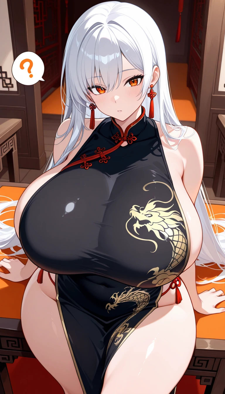 Broken cheongsam,Broken black,Battle damage,seriously injured,huge breasts,blush,Gently gasp