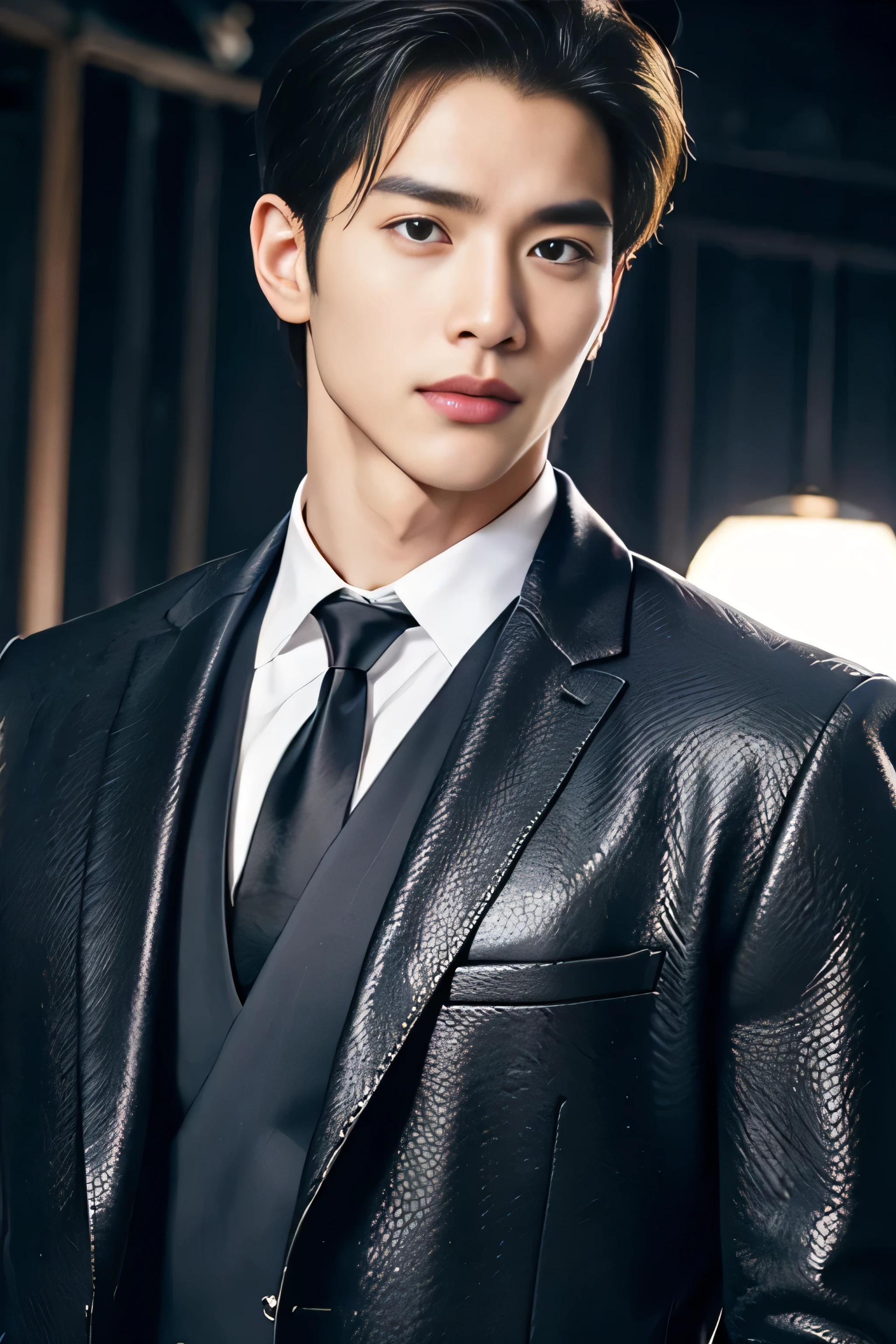 A 21-year-old Asian man, Thick eyebrows, Melon seed face, Handsome face, Men's full body, The background city night street view, Time is night, Deep blue sky, A full moon, his skin is fair, He is slender, the limbs have pronounced muscle lines, high-definition photography, Real-world scenarios, Lots of detail, wearing black leather jacket, black long pants with a silver metal buckle, black boots, black turtleneck shirt, short black hair, His posture is upright and commanding, with one hand casually placed in their pocket, hinting at both authority and ease. A neutral or stern expression, possibly with intense or piercing eyes, suggests a shrewd and calculating mind. full body view