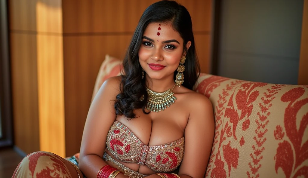 extreme close up photo of Indian goddess, hourglass figure, swooping breasts, deep cleavage, curvy, sitting royal pose on throne in temple, seductive eyes, sultry, French braid hair, red vintage saree, red glossy lips, smile, necklace, (cinematic:1.3), intricate details, (ArtStation:1.2)