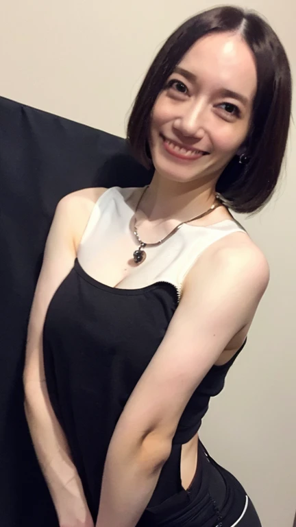 ((Highest quality, 8K, Tabletop:1.3))、Beautiful mature woman、40 years old、Mature Woman((lingerie))、Black camisole(Leaning forward)).(Huge breasts).(smile:1.15)、Highly detailed face and skin texture、White groundless background