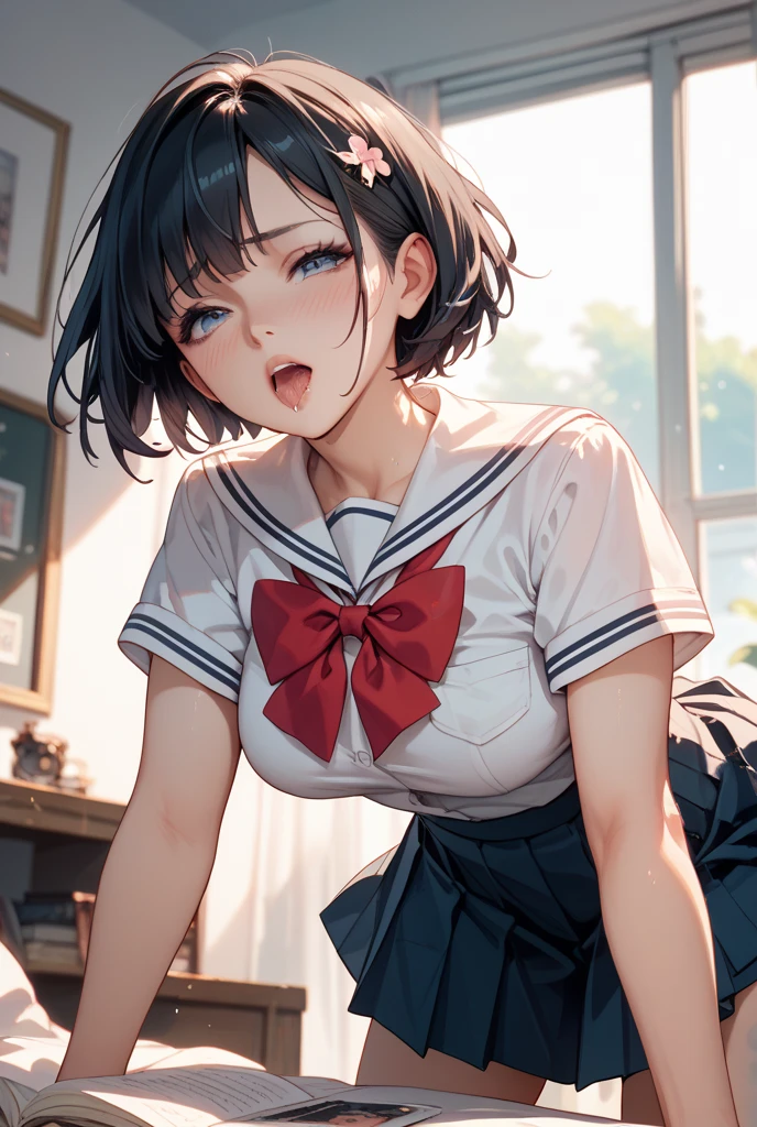 (((Perfect Anatomy, Anatomically correct, Very detailedな肌))), 1 girl, Japanese, high school girl, Shiny skin, 
Beautiful Hair, Beautiful Face, Beautiful fine details, (short hair:1.1, Bobcut:1.2), Light Brown Hair, blue eyes, Baby Face, Mole under the eye, 
Beautiful clavicle, Beautiful body, Beautiful breasts, Small breasts, Beautiful thighs, Beautiful feet, 
((Short sleeve, cute navy sailor suit, Navy Pleated Skirt, Navy sailor collar, Blue Sailor Scarf, stockings, Brown Loafers)), Captivating thighs, , 
((Ahegao, Embarrassing, Drooling, Open your mouth, Sweaty)), ((Spread your legs)), 
(Beautiful views), 
8k, highest quality, Masterpiece​:1.2, Very detailed), (Realistic), Beautiful illustrations, Natural light, Is urinating, ((Woman crucified on the cross：1.5))
