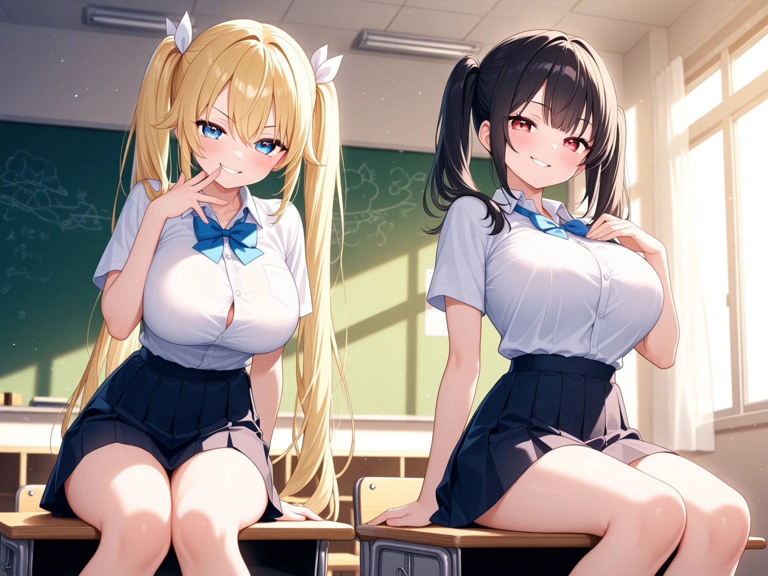 (cute eyes:1.2), (sparkling eyes:1.2), (8K、Best image quality、highest quality、masterpiece)、Detailed face、(2 girls)、Improve、((Brown Skin:1.3))、blonde、Low Ponytail、Scrunchie、Yellow Eyes、Earrings、Wicked Smile、((Grin))、 (skinny body:1.3), (midium breasts:1.1)、((White collared shirt))、(cleavage cutout:1.2), (crop top navel), Cleavage、((Black pleated skirt))、((mini skirt))、White socks、loafers、Sit on a chair、whole body、Taken from above、Classroom Background、 (black stockings:1.1), (Thighs), (Waistline),(from above:1.1)