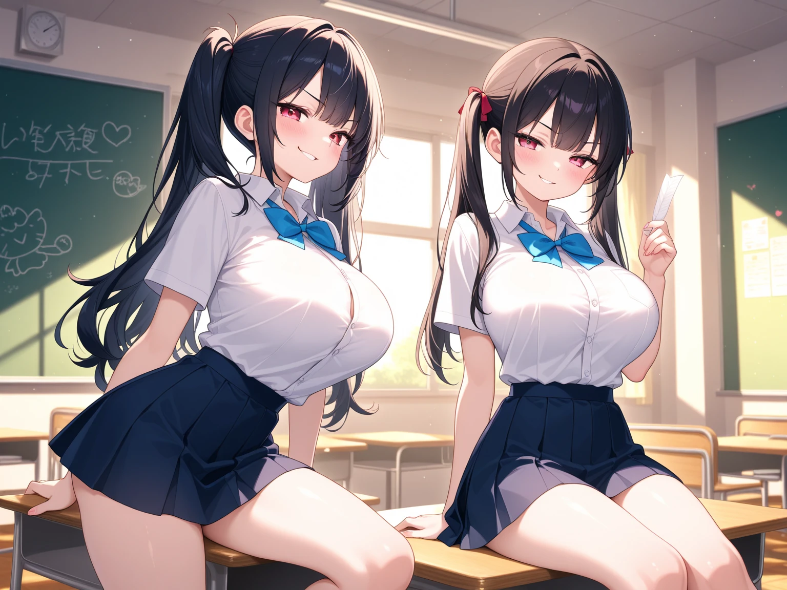 high school girl、Dressed in high 、School classroom、((Big Breasts))、There is only one person、((((独奏))))、(one girl)、smirk、With a cheek cane