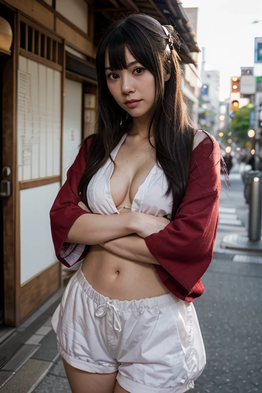 masterpiece, best quality, ultra detailed, highres, high-resolution, highly detailed, super detailed skin, detailed beautiful eyes, (detailed beautiful face), highly detailed background, 1 japanese girl, 18 years old, annoying, nose blush, open mouth, full body, (dynamic pose:1.6), slim body, huge breasts, thin waist, big hip, (wearing a loincloth and bra over naked:1.2), outdoor, busy street, crowd, surrounded by people, beautiful sunset sky, slight sunset glow, The sky is red at sunset