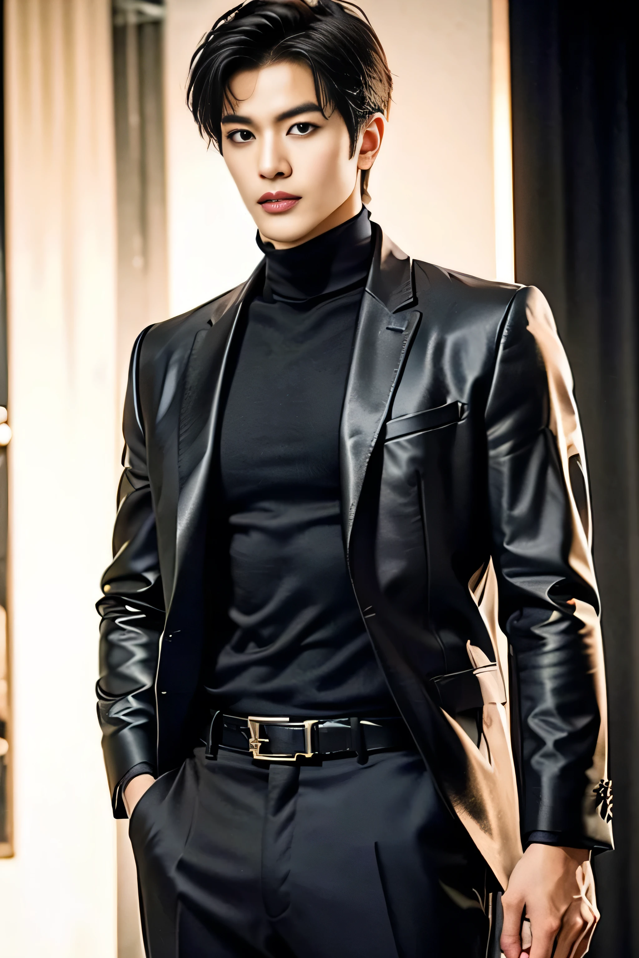 A 21-year-old Asian man, Thick eyebrows, Melon seed face, Handsome face, Men's full body, The background city night street view, Time is night, Deep blue sky, A full moon, his skin is fair, He is slender, the limbs have pronounced muscle lines, high-definition photography, Real-world scenarios, Lots of detail, wearing black leather jacket, black long pants with a silver metal buckle, black boots, black turtleneck shirt, short black hair, His posture is upright and commanding, with one hand casually placed in their pocket, hinting at both authority and ease. A neutral or stern expression, possibly with intense or piercing eyes, suggests a shrewd and calculating mind. full body view