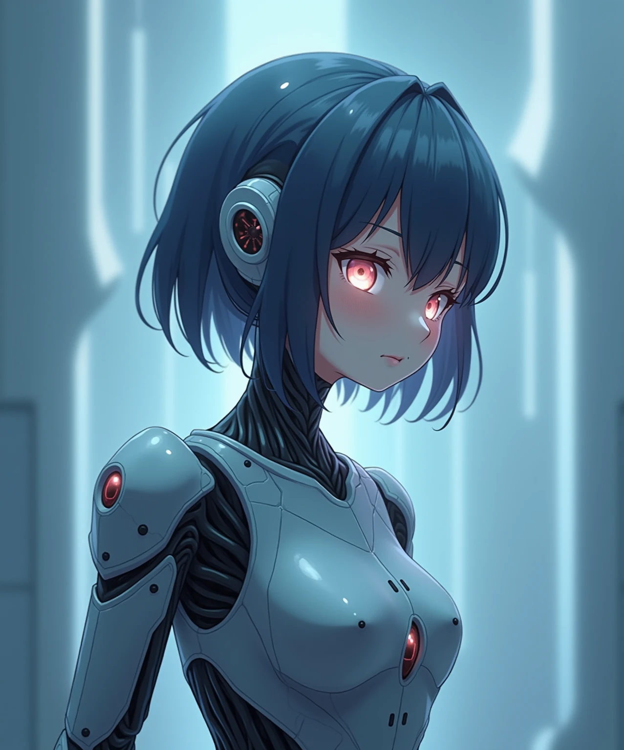 check_9, check_8_up, check_7_up, check_6_up, check_5_up, check_4_up, Backlight, light particles, BREAK drostyle, (1 girl),((girl)),((cyborg)),((drossel)),((White skin тела)),White skin дица, topless, yellow eyes, shiny skin, White skin,((absolutely white background:1.3)) , (medium breast), ((black short bob haircut)) , ((emotion sexual character and pose)) , philosophical meaning