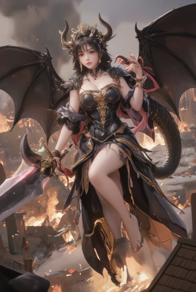 ((highest quality)),(ultra high resolution),(Super detailed),(detailed description),((best CG)),(best work of art),super precision art,amazing drawing art,(Fantasy art with precise details:1.5), (Female Devil:1.6),(beautiful and well-shaped face:1.5),crazy smile:1.4,(Belt clothing detailed and detailed:1.6,),(Large twisted goat horn:1.6), (魂を刈り取るscythe:1.7),pale flame:1.8,scythe