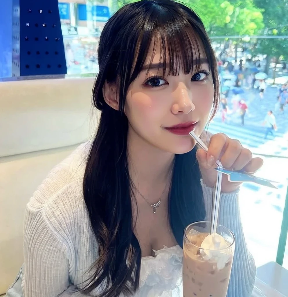 28 years old、1 female、Tokyo、(Daytime:1.2)、Cityscape、City lights、Upper body、Close-up、Laughter、(8k、Raw photo、highest quality、masterpiece:1.2)、(Realistic、Photorealistic:1.37)、Colored knit dress、Curly Hair、Outdoor Cafe、drink tall coffee, Large Breasts, No bra、Nipple selection