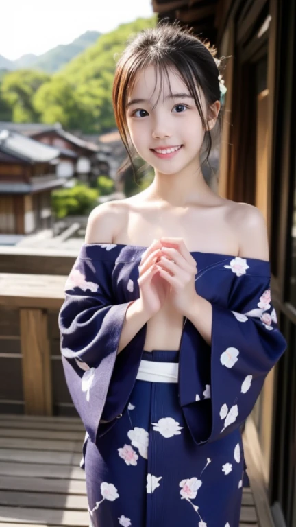 11 year old girl　Japanese　Blue yukata with iris pattern、yukata　Realistic Skin　Bigeyes　smile　The chest looks open