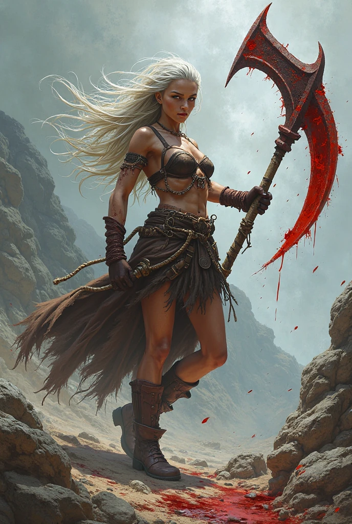 A post-apocalyptic warrior, a 35-year-old nearly naked woman in the style of Simon Bisley for the cover of Heavy Metal magazine, top de cuero rojo, half black half white hair, minimal clothing, short clothes, detailed face and body, dramatic lighting, vibrant colors, dystopian, gritty, cinematic, masterpiece, hyper detailed, ultra realistic, 8k, highly detailed