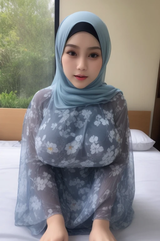 30 years old , slim body abs, tall , sitting on bed, cross legs , ((gigantic breast:1.2)), beautiful lady, Nikon Z 85mm, ((best quality)) ((masterpiece)), intricate detail, ((almost )), sharp focus, professional, realistic, real life, hyperreal, photorealistic, fine detail, best quality, very Detailed CG unity 8k wallpaper, perfect artwork, Full body, glowing eyes, realistic, perfect female hourglass figure, thin waist, wide buttocks, looking at viewer, extremely delicate and beautiful, best quality, beautiful detail girl, beautiful eye detail, face lighting, film lighting, perspective, revealing buttocks, perfect collarbone, realistic facial expression, (exquisite detail, makeup, (exquisite beautiful exquisite face, delicate and beautiful eyes, a face with perfect proportions, high-detailed skin,((wearing tight pastel floral malay gamis with closed hijab)), simple diamond necklace, ((closed clothes), ((polite clothes)), luxury hotel bedroom, dynamic pose, shy smile
