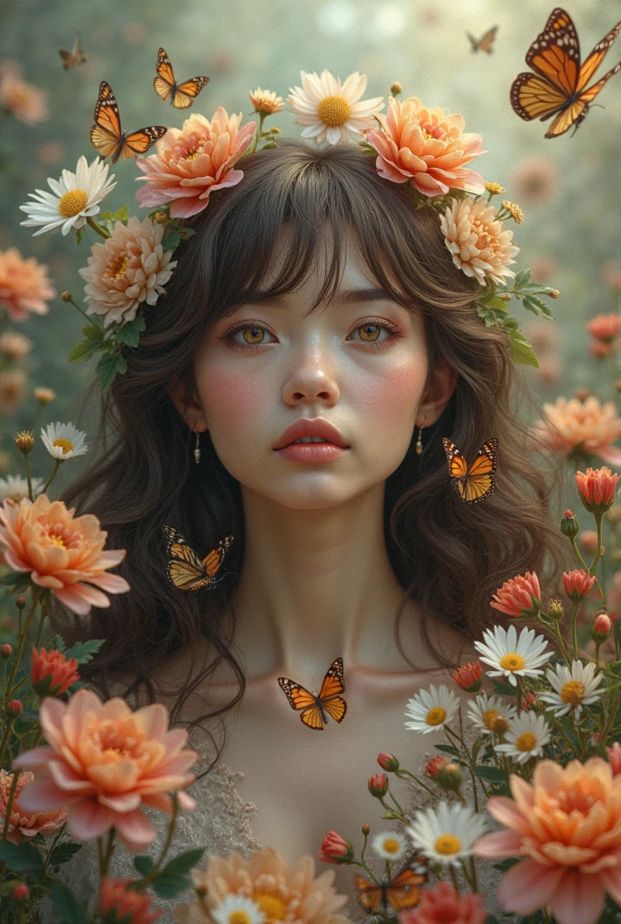 high res, high quality walkers, surface. Realistic images that represent the beauty of the girl. The 20-year-old Japanese, kawaii idol style fused with Art Nouveau elegance and biomachineryกล integration. her skin. Fascinating represents the complexity, Convex, Flow, Curve, botanical motifs characteristic of Nuovo art, seamlessly merging with Shiny, Copper , and brass, machinery, little mechanics-little gears, Piston, and filigree patterns visible under the, Shine light faintly with internal, , warm, แสงcolorเหลืองอำพัน. . She lies lazily on something big, imaginary agent, machineryกล, inside a dense forest, steampunk inspiration, a forest created from weaving together, metal, wine, Shine light, Vacuum tube, and brass, leaf. Her eyes, the color of aged, Shiny, colorบรอนซ์, holds calm, Melancholy , , an interesting curious gesture. features delicate makeup, Copper , , eye shadow and clearly defined brows. ผมของเธอเป็นcolorที่อุดมสมบูรณ์, Auburn, color, Loose style, Flow, waves woven together Fine, metallic, leafและดอกไม้เล็กๆ, Shine light, bulbs . eye-level image,  ที่เcolorยหายจากฟิล์ม (135mm.), create a shallow depth of imagery to separate her fine form from the complexity., Softly blurred, machineryกล forest background, , warm, Soft, Diffuse light, complex details.