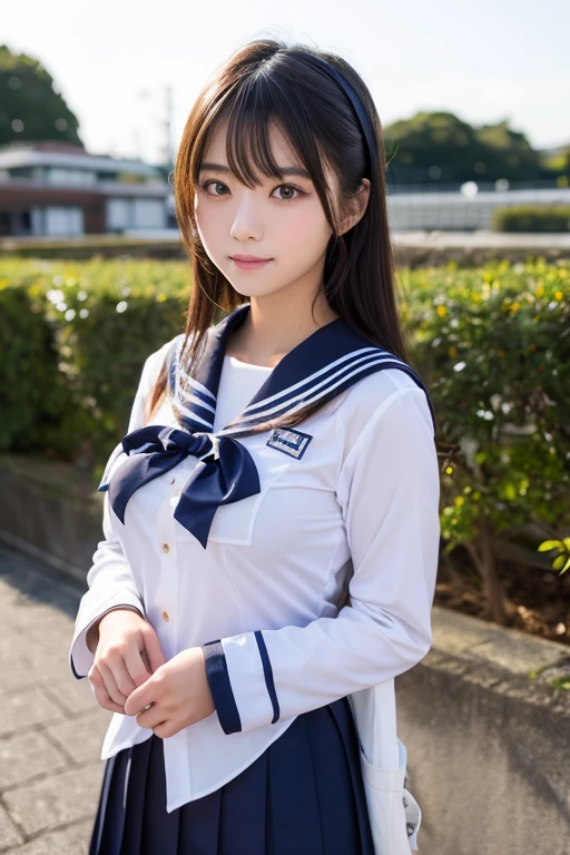 (masterpiece, highest quality:1.2), 8K, official art, RAW photo, incredibly absurd, (Upper body, sailor suit, serafuku:1.4), beautiful girl, cute face, arch back, (navy pleated skirt:1.1), close, school uniform, short sleeve, gardenia, Biolace, Ten generations, street, looking at the viewer, no makeup, film grain, chromatic aberration, sharp focus, face light, dynamic lighting, cinematic lighting, detailed eyes and face, background bokeh、 stand on one&#39;my feet，(black pantyhose,realistic pantyhose)、full body shot、sailor suit、(Kana Hashimoto)