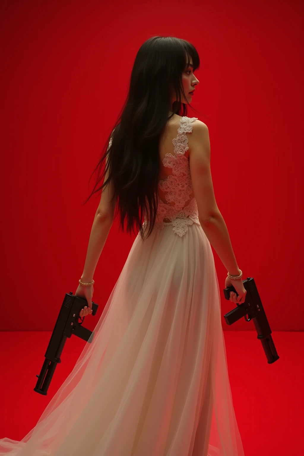 An drawing of a Woman from behind on a red carpet, Holding a bloody KNIFE, Blood dripping from the knife's edge, Red stains seeping into the fabric of her dress, A deadfract, Red carpet event, Hidden threat. Cant see her face