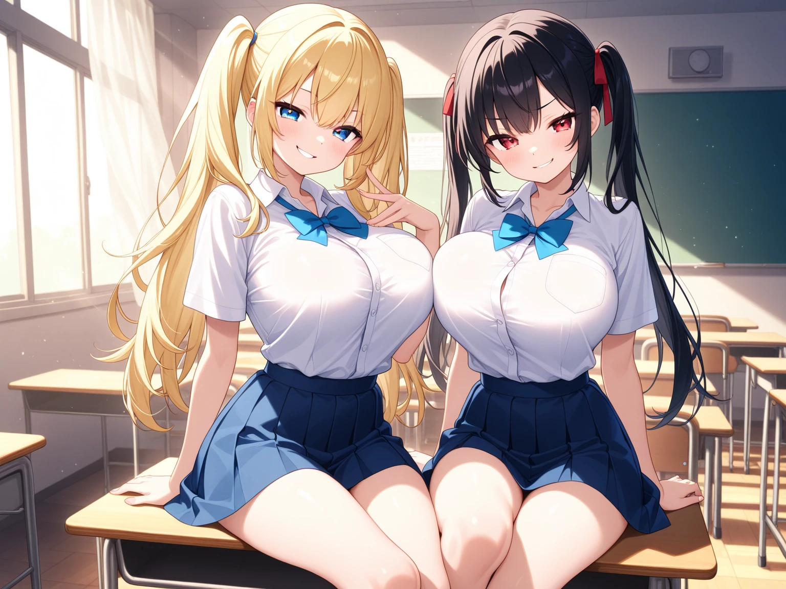 high school girl、Dressed in high 、School classroom、(Big Breasts)、Grinning face、((独奏))、smirk、human
