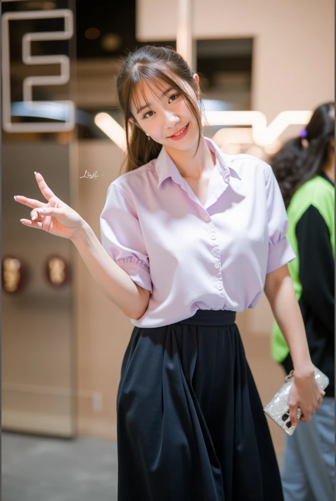(8K, best quality, masterpiece:1.2), (realistic, photo-realistic:1.37), (high color saturation:1.0), (highly detailed skin), (highest quality:1.0), (ultra high resolution:1.0) ,(realistic:1.0), (Super detailed:1.0), (8K, Raw photo:1.1)、standing random pose, smiling, natural breast, perfect lighting, 22years old, (mysterious), clear and detailed, ((japaniese_office_uniform, flared skirt, sexy_blouse)), (indoor office, escalator), surprised face, ((looking at back viewer)), ((low angle photo)), panties,