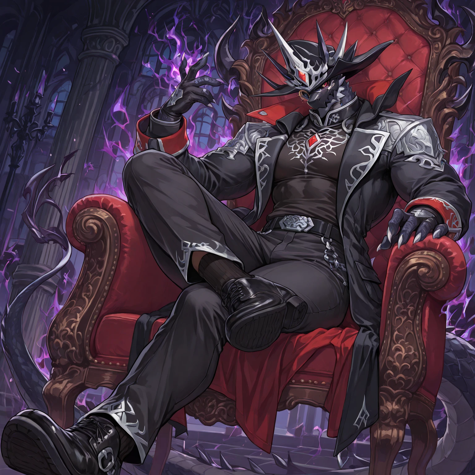 A young male, naked, in a dark castle, purple cape, proud and confident expression, bat, open arms, dark night, villain, evil, boots, archdevil, on the throne