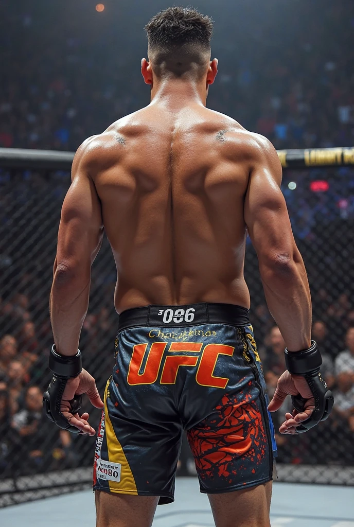 Richard: universo UFC, un hombre, muscular and buttock, usando guantes de mma, combatiente, cabello corto peinado hacia un lado, jeans ajustados, backside bent over 