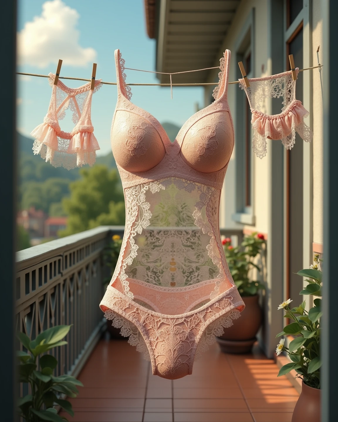 A sexy lacy bra hanging on a fence post, extremely detailed form