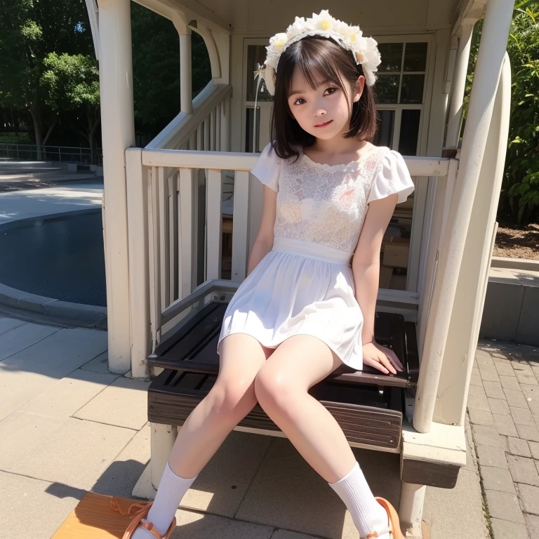 master piece, Best Quality,(12 years old Japan girl:1.5),(Looks like you're about to cry:1.3) ,(M-shaped legs spread on a park bench:1.8),(Summer clothes and hairpins for junior high school girls:1.8),Brown eyes,(Small:1.7),(Smooth straight hair:1.5),(Slender body,Skinny Legs),A detailed eye,Very white skin,Letting down your bangs,Detailed body,Detailed hand,No makeup, Smile,
