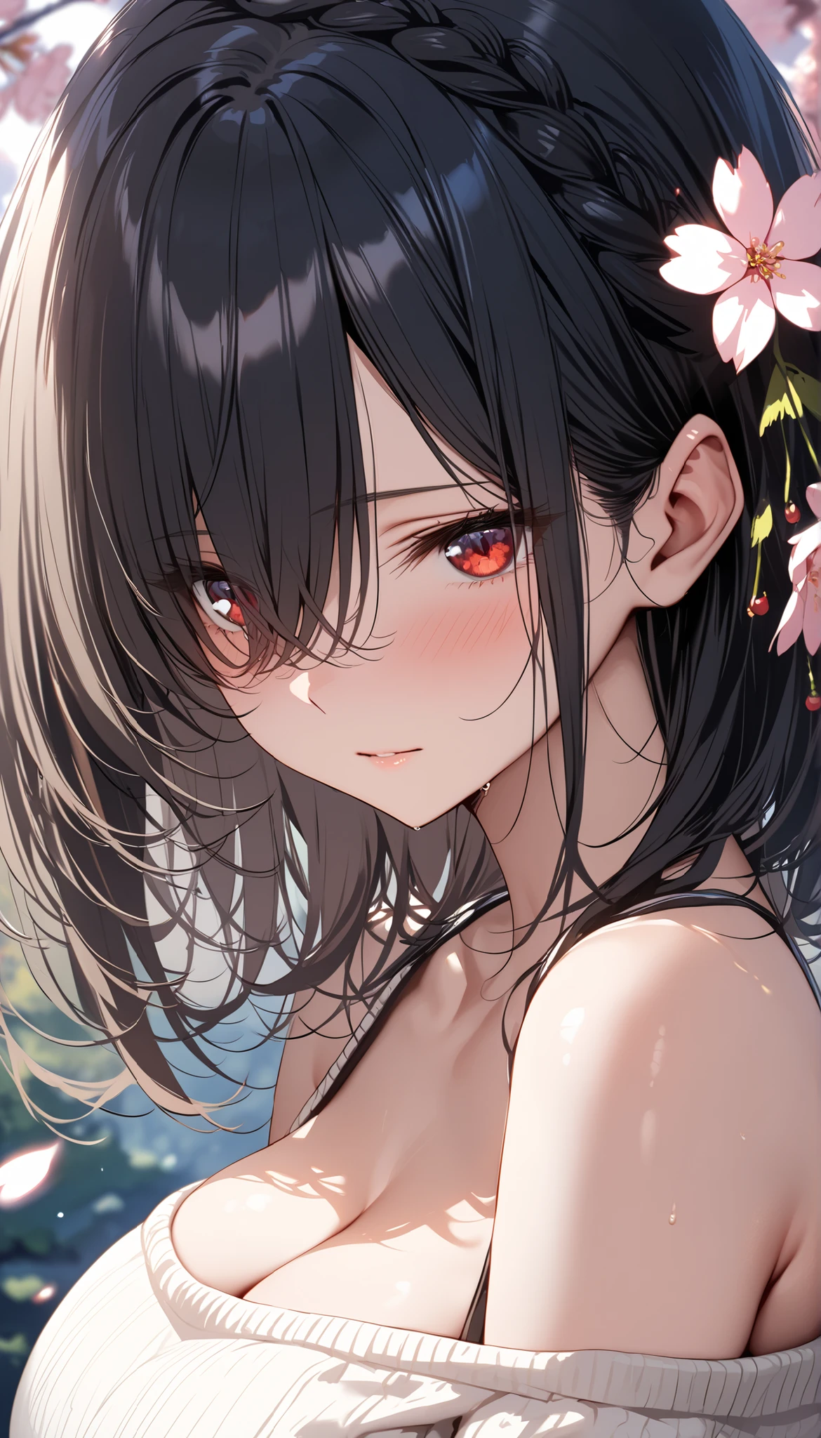 (best quality, masterpiece), 1 girl, intricate details, Beautiful and delicate face, (tiny micro bikini:1.2), perspective, looking at the audience, (pond in evening), blush, open mouth, black hair, Medium long hair, blunt bangs, happy, permanent, colorful sunset