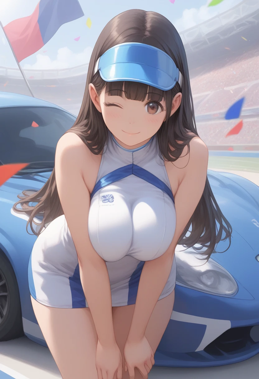 (4 k、top-quality)、(realisitic、Photorealsitic)、(Yakian)、
1girl in、独奏、fullllbody、(face to the viewer)、
perfect hand、up looking_で_the viewer、
whiteshirt、
Daytime、Circuit field、finerly detailed face、wearing round glasses、Slightly chubby、The best smile、You can see the double teeth、white hairband、Light brown long curled hair,,(super gigantic breast, cleavage:1.2),(race_queen:1.3), (Cameltoe),35 year old、Panty T-back、Nogizaka Idol、actress、Korean Idol、hposing Gravure Idol,place one's arms behind one's back,raise both arm,(Aside)、