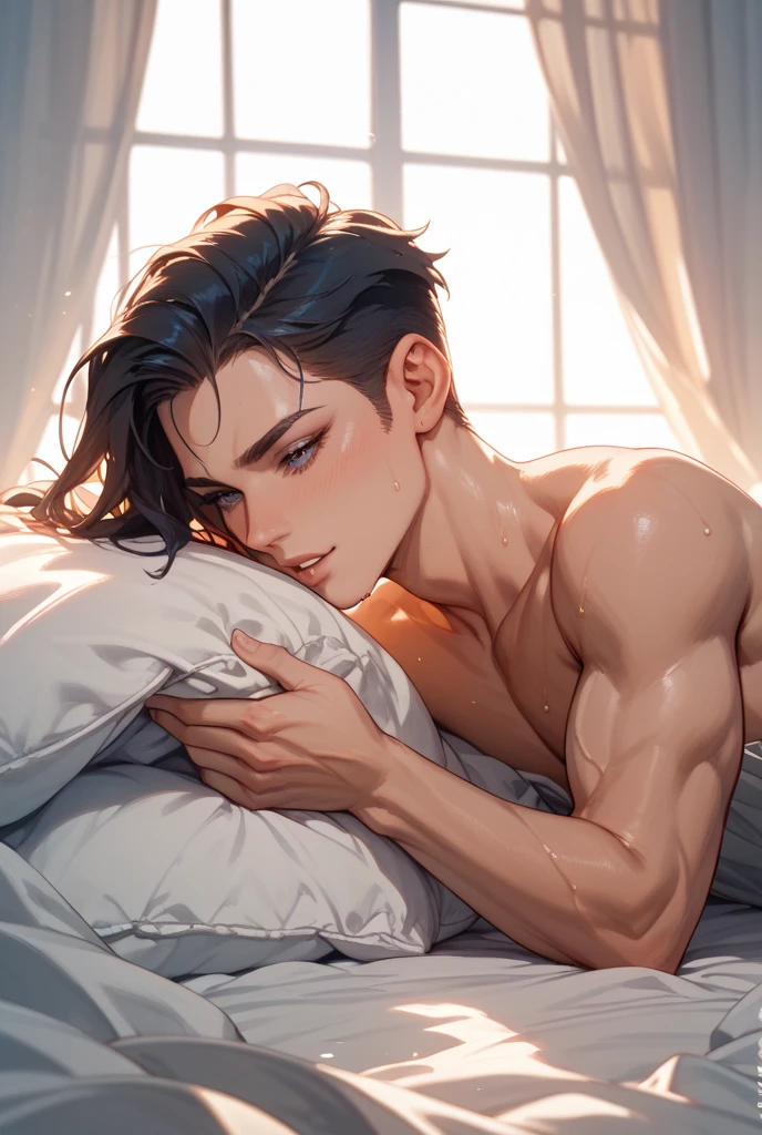 best quality, masterpiece, handsome polynesian man, tan skin, wavy dark hair, sleeping lying on his side, big round ass, sexy, gay, homoerotic, perfection, no watermark, no logo, no signature