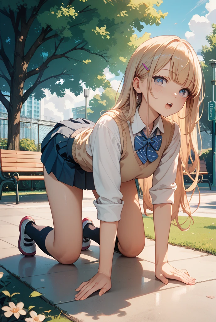 superfine illustration, Perfect Anatomy, Best Quality, Hires, amazing shading, Beautiful skin, 1 little girl, nose blush, Saliva, Ecstasy,  Close eyes, ,School Uniforms , Full body, SEX, Yor, touches crotch, (Rubbing the crotch with your hands:1.2),  suggestive pose,(a park:1.5)