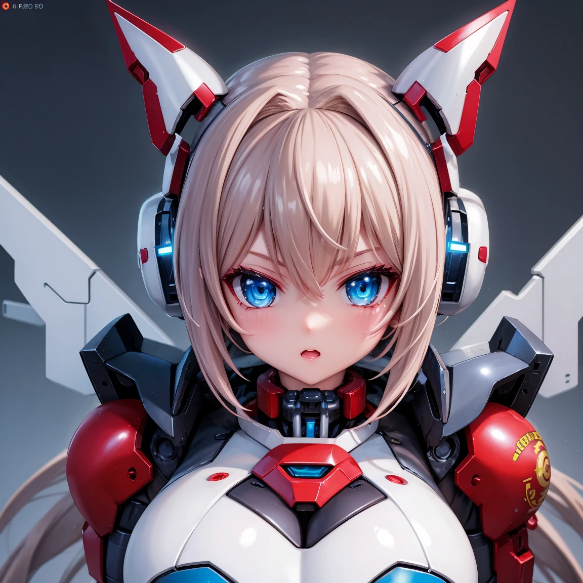 ((best quality)), ((masterpiece)), (detailed), perfect face. White hair. Short hair. Anime girl. Pink eyes. Nekomimi. Mecha. Belly.