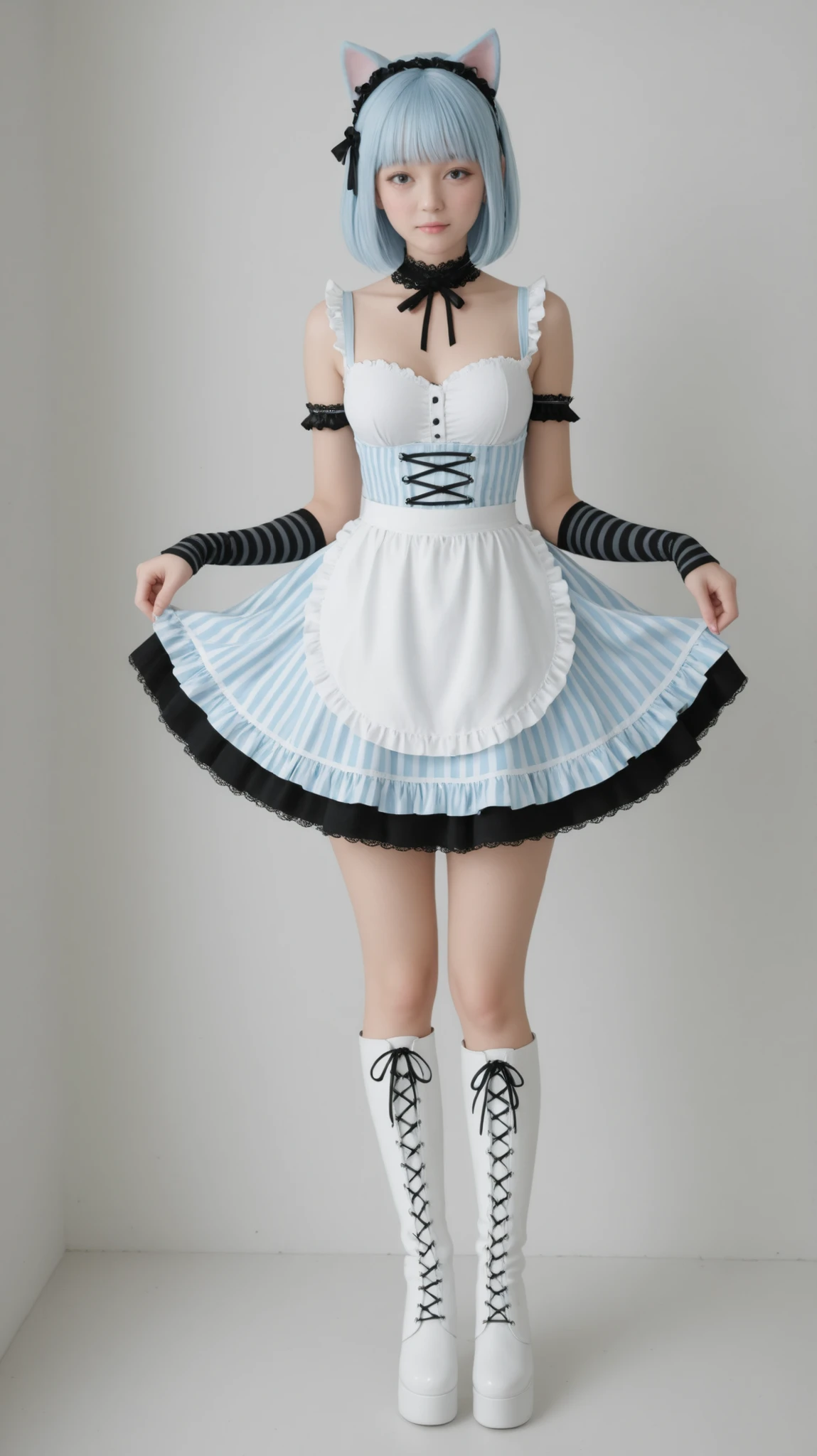 attractive poses, Exquisitely Designed Outfits, modestly gold on a two-color block of light blue and white dirndl DECORATION , black lace collar and puffed sleeves with multiple layers , Pastel Gothic Style Apron with Lace and Ruffles on Light Blue and White Layers, Sleeveless Design with Ruffles and Black Lace Trimming on Light Blue Straps, white high collar blouse elegant , black lace collar and puffed sleeves , light blue and black striped tie gracefully tied to a light blue and black striped tie , Floppy ribbon , pale blue platform boots with black lace accents and ruffled edges, black lace arm cover , Light Blue Cat Ears Maid Style Headband, black bow, Bedroom