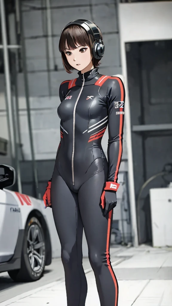 Cowboy Shot、Fancy costumeulticolored Hair、Light pink hair、smile、((Race Queen))、((car race))、((circuit racetrack))、(Realistic racing car in the background)、Thigh-length tights、((Ultra high cut one piece swimsuit))、(Swimsuit with sponsor logo)、Various signs、Various banners、Earrings,High resolution、High resolution、In 8K、Real Live Action、RAWphotographgraphy、highest quality、masterpiece、Tabletop、erotic,(Sunburned skin),knees, Absurd,Small face、Big Breasts,masterpiece,highest quality、超A High resolution,RAWphotograph,only,beautiful,one person, one personで,whole body、very nice、Japanese women,Are standing,（Realistic：1.4）、Photon Mapping、Realistic、cute、 Adult female、物理ベースonlyダリング、prospect、Written boundary depth、Blurred Background、photograph,girl、body,beautiful足, Long legs,Thin legs、 lips, Nose Soft, kneesが見える、Sparkling eyes、光沢のあるlips、Too bright natural light、Bright Sun、Too bright sunlight