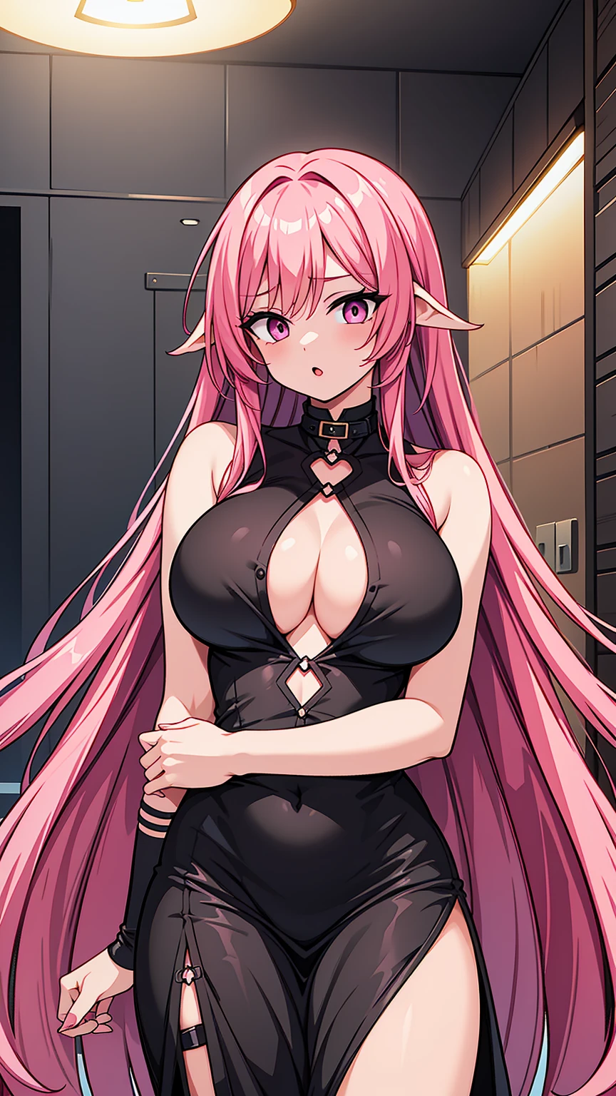 ((1 woman)),((fil tental panties))),((huge breasts,bare breasts,chest piercing)),((very long pink hair)),((pink eyes,happy face,drooling,blush )),((standing, in a display case with rubber penises, in a dilto store)),((1 arm holding a bag of dilto)),