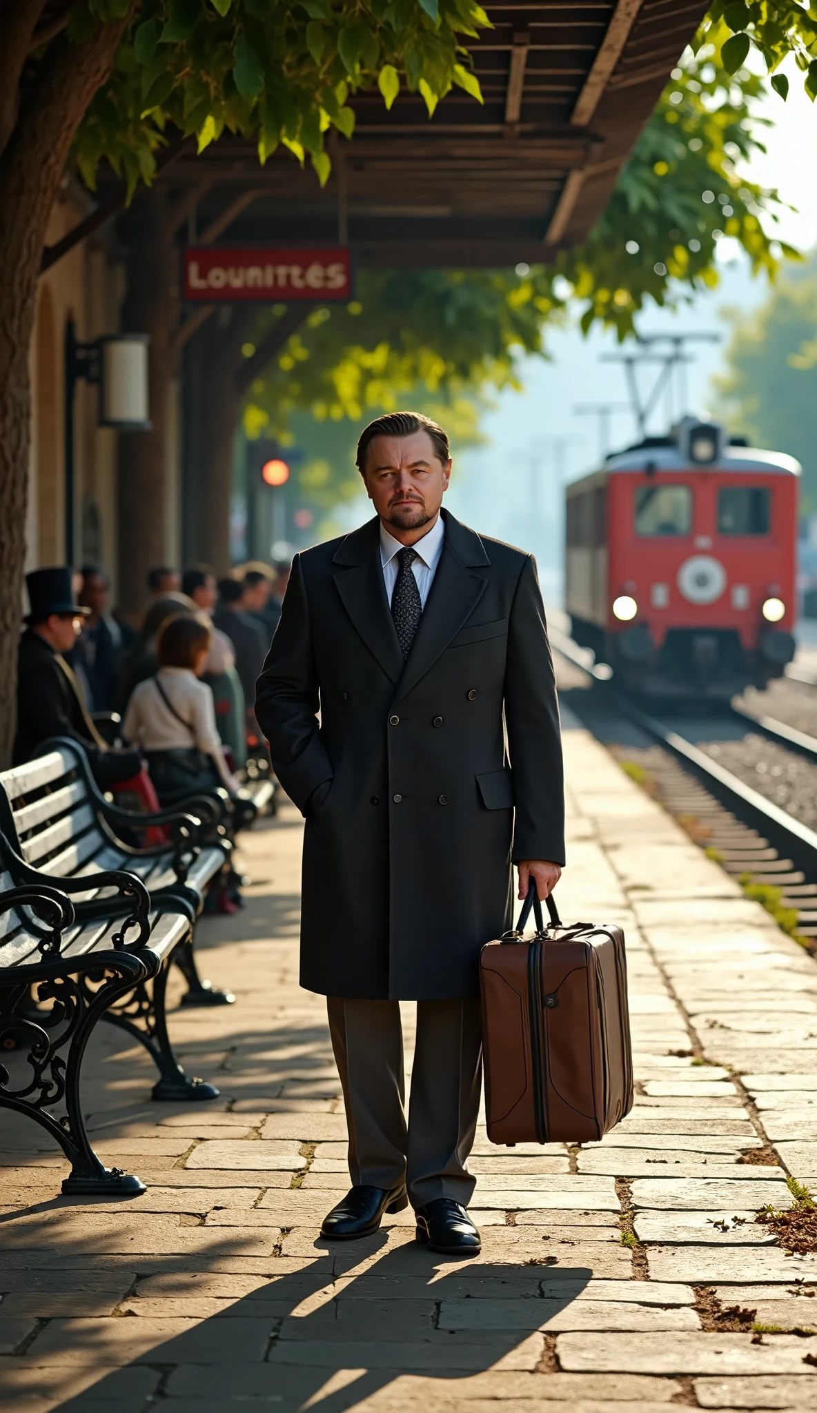 Leonardo DiCaprio Old train station
Stone platform, bancos de ferro, trees surrounding , a red train arriving, passengers with bags.