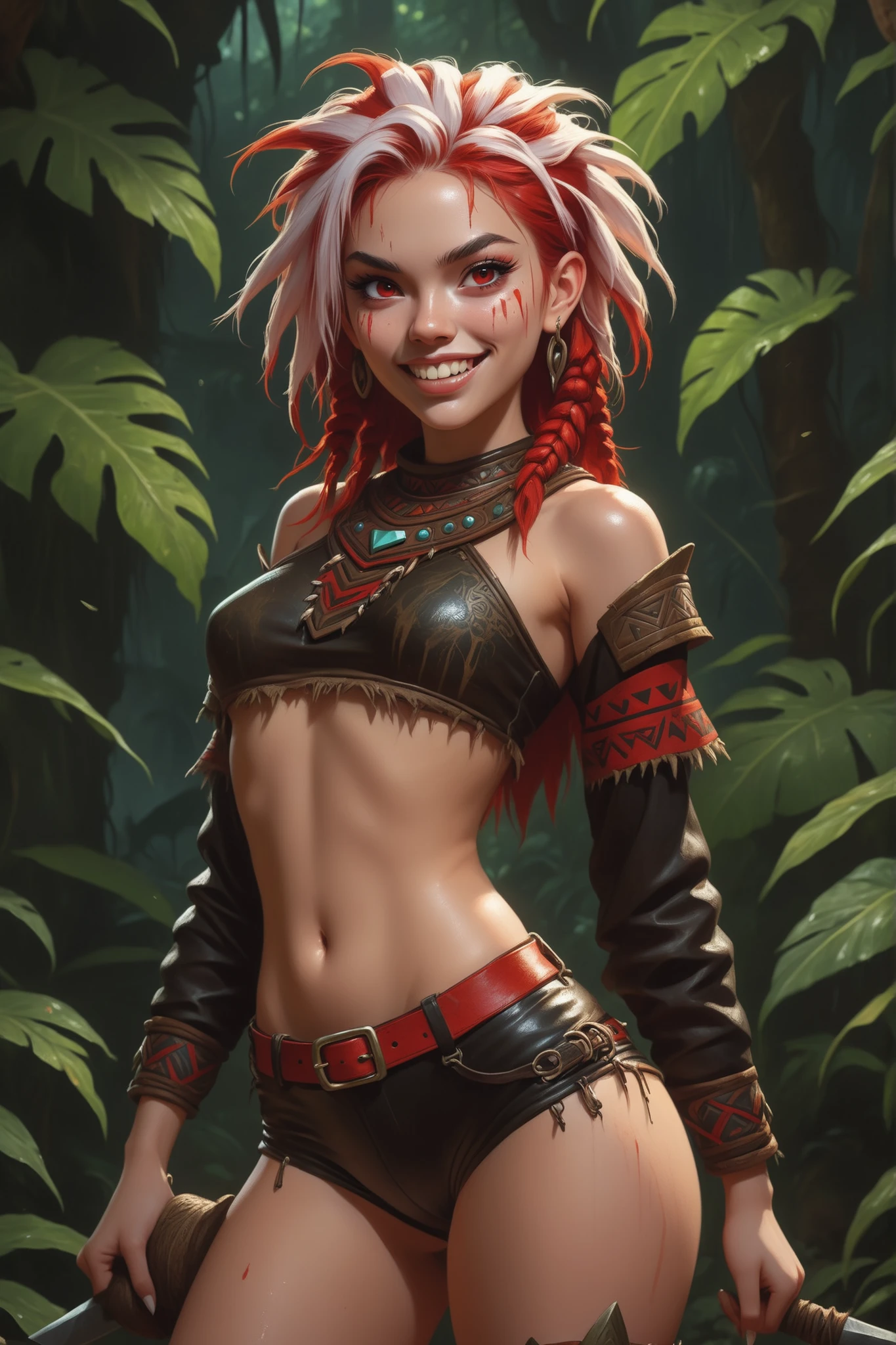 Beaming slime. Slender body. Lean body-type. Marble-White skin. Cute 18-year-old Aztec and Indonesian girl with Asian red eyes and unnaturally sharp canine teeth and dreadlocks (white and red hair). Intense red eyes. Sharp and shark-like teeth. She has a cute and beautiful face. Her body is athletic with abs and A-Cup. She wears a beaten-up Aztec leather top and laced leather hotpants. Background: medieval jungle ruins. Realistic lighting. DnD art-style. fake box art, semi-realistic, Looking at the viewer. Drawn like the artist Bob Kehl.