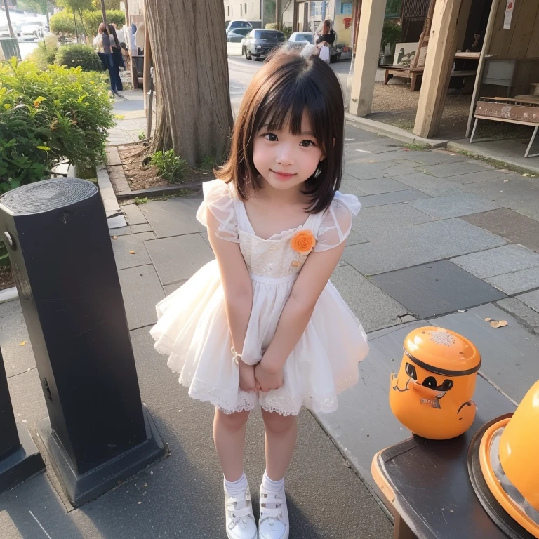 8 year old girl, playing, black eyes, rural landscape, white dress, playing, many flowers