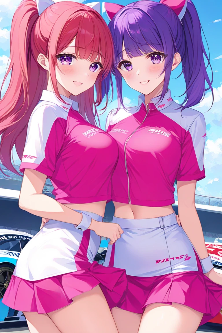 (masterpiece:1.2, highest quality), (Realistic, photoRealistic:1.4), Beautiful illustrations, (Natural Side Lighting, Cinema Lighting), avert your eyes, (Cowboy Shot), 2 girls, Grid Girls, 30 years old, (((Mature Woman))), (Beautiful anime faces), Japanese, Perfect Face, Perfect Anatomy, Symmetrical cute face, Shiny skin, Blunt bangs, (Intense glowing purple eyes:1.3), Beautiful Hair, Beautiful Face, Beautiful clavicle, Beautiful body, Beautiful breasts, Beautiful thighs, Beautiful feet, Beautiful fingers, (Perfect Face, Perfect Anatomy), (Two legs, Five Fingers), ((Grid Girls, Racing Suits, Race Queen Costume:1.3. White and pink high leg leotard with sponsor logo:1.3, Shiny arm covers:1.3, Shiny knee-high boots:1.3)), (Beautiful views), Written boundary depth,((Tall Woman), (Slim figure), (small breasts directed upwards)), (Randomly changing obscene poses:1.3), ((A tiny remote vibrator is attached to the pussy), (Holding a vibrator remote control in her right hand)), (Golden hair ornament), (Pale pink hair),
