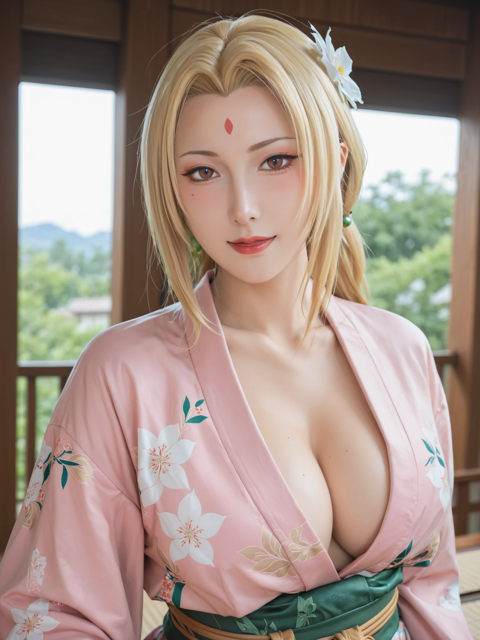 1girl, (Blue Eyes), seductive smile, ((Sana Minatozaki)), wide hips, Big Boobs, big ass, (Best Quality, 8k, Masterpiece: 1.3)) ), Clear Focus: 1.2, Perfect Body Beauty: 1.4 , Slender Abs: 1.2, Wet Body: 1.5 , Highly detailed face and skin texture, detailed eyes, double eyelids, ((long blonde hair)), long legs, ((flowered_kimono)), lying on a tatami, in ryokan , sakura trees background