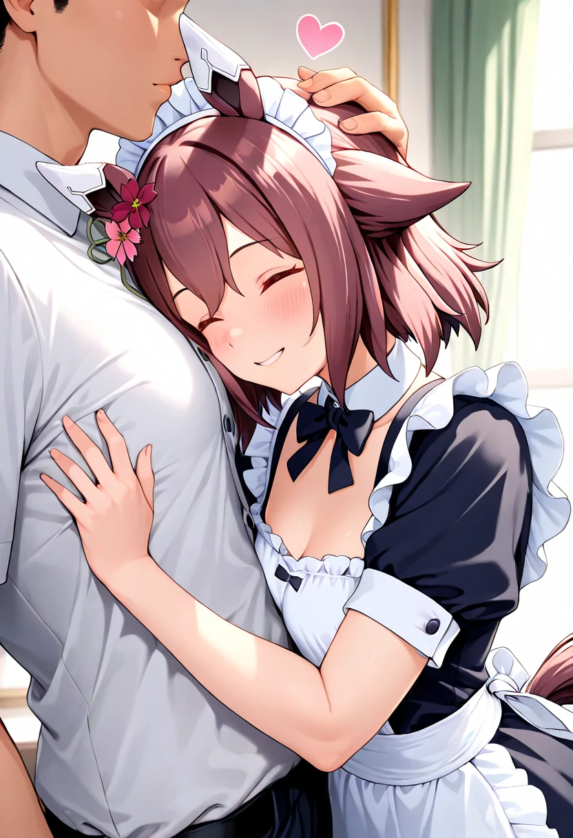 1boy, 1girl, alternate costume, blush, breasts, brown hair, choker, cleavage, closed eyes, detached sleeves, dress, frilled choker, frilled dress, frilled hairband, frilled sleeves, frills, hairband, headdress, hetero, large breasts, lolita fashion, lolita hairband, long hair, long sleeves, maid headdress, medium breasts, open mouth, purple bow, purple bra, purple dress, purple footwear, purple gloves, purple headwear, purple jacket, purple legwear, purple panties, purple pants, purple ribbon, purple shirt, purple skirt, purple sleeves, outdoor, forest, night, night sky, boy doing full nelson on girl, standing, boy arms under girl armpits, on back, strangling, squatting