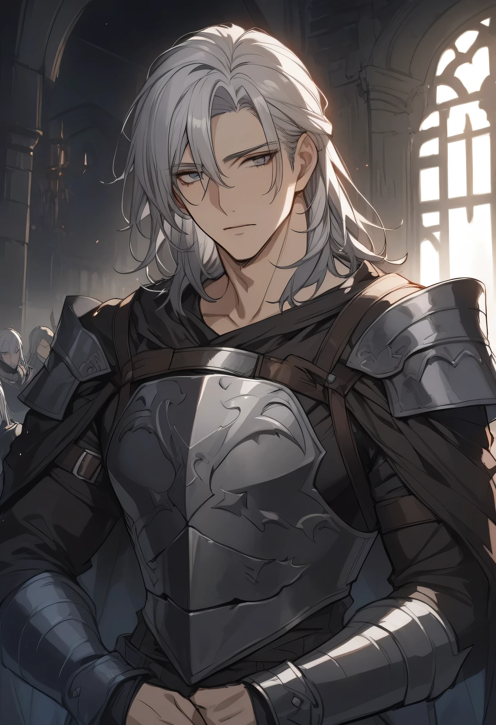 masterpiece, high quality, best quality, anime, fantasy, dark fantasy, high fantasy, detailed face, detailed body, the witcher series, solo, girlish man, adult man, coldness, handsome, beautiful man , witcher, warrior, knight, black cloak, black clothes, gray plate armor, medium hair, silver hair, straight hair, gray eyes, tall, wide shoulder, face, front
