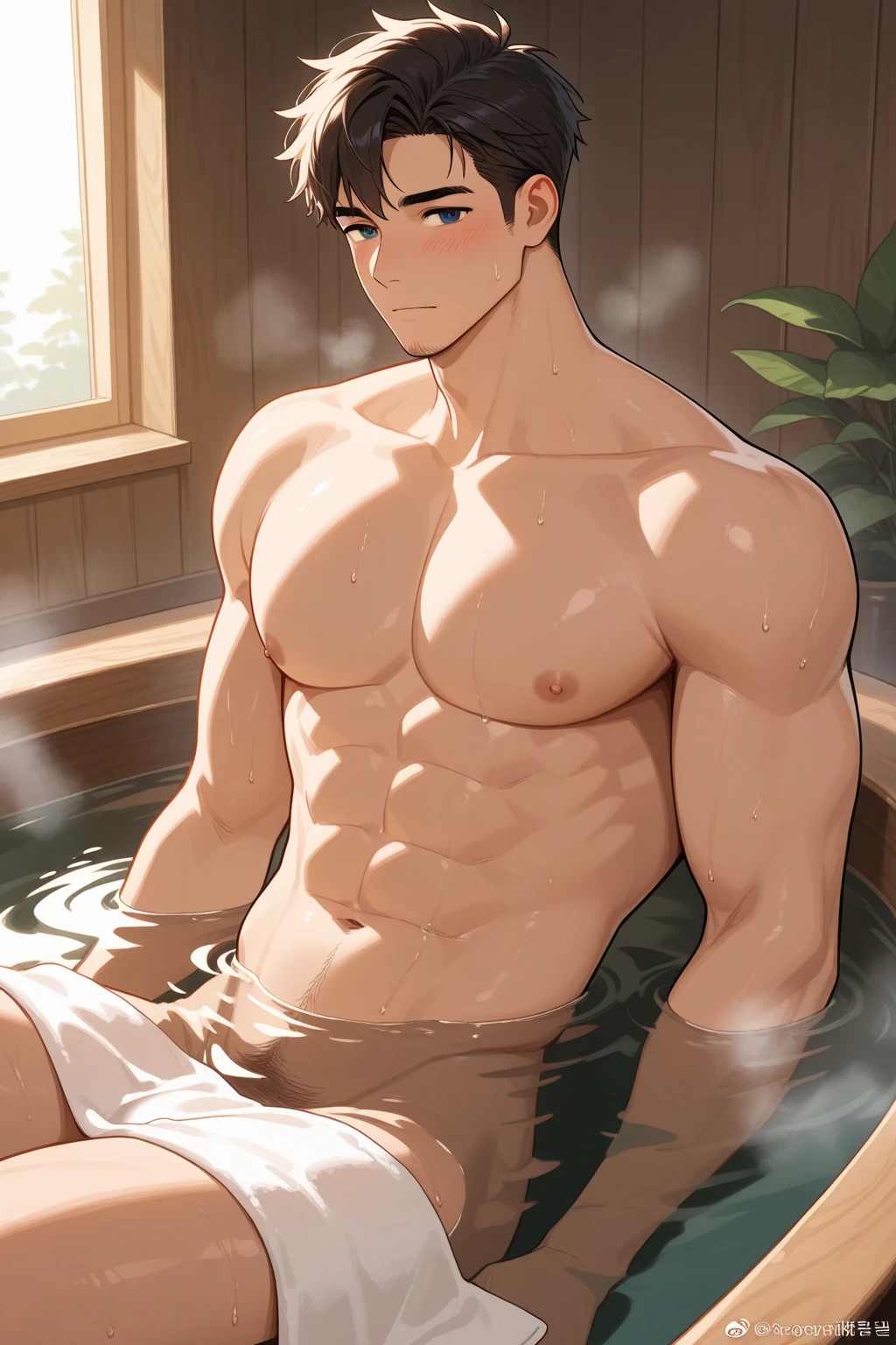 A very tall and muscular man, the setting is a covered hot water lake, the walls are oriental, the lighting is perfect, the man is waist deep in the lake, the water in the lake is warm and clean and perfectly reflects the image, the man is very hot and his body is perfect, the man doesn't wear any clothes, hot naked male, the man's body is wide and masculine, your penis is big and enlarged