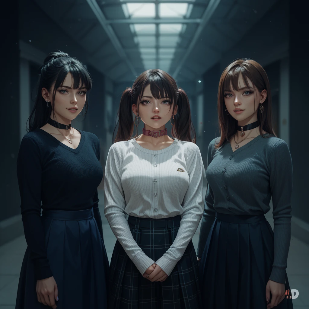 (highest resolution, distinct_image), best quality, masterpiece, highly detailed, semi realistic, a woman with short black hair, mature woman, triple bangs, black uniform, black pleated skirt, military uniform, spaceship space, control room, commander, (two heads), extra heads, conjoined twins, multiple heads