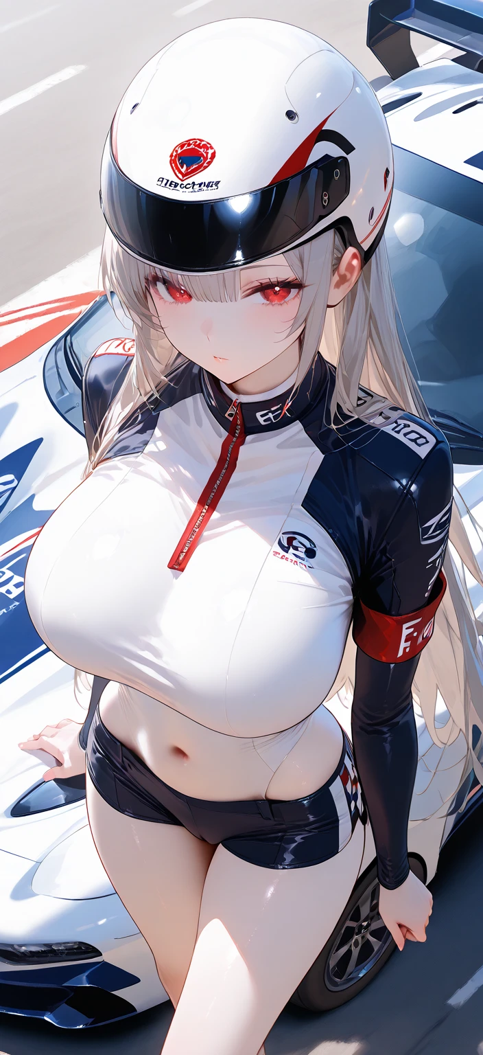 Unreal Engine 5 Realistic Rendering, cosplayer, Race Queen、Uniform with logo、 Exquisite beauty、Beautiful face, Body shape of slim model, Colossal tits, shiny, wet shiny body, short white hair, dark brown skin, neons、Large crowds、audience、Forming an emperor、Drag racing、Midsommar Racing Circuit、racing car、Lower grade、crowd、spectatoren and women having sex