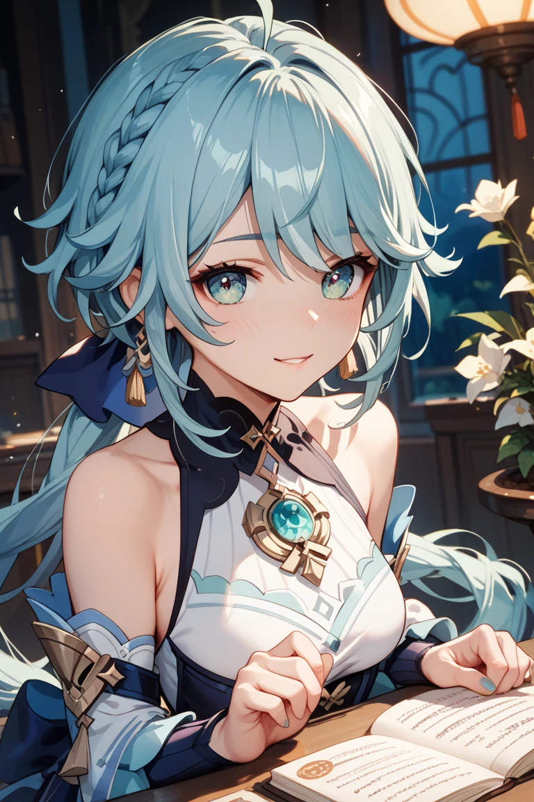 ((masterpiece)),(best quality),official art,extremely detailed CG,unity 8k wallpaper,ultra detailed,A lighthouse on a cliff by the sea,1girl,solo,upper body,(portrait:1.2),looking at viewer,long_hair,twintails,white_dress,jewelry,bracelet,green_eyes,small_breasts,smile,sideboob,x_hair_ornament,short_sleeves,bangs,aqua_hair,bare_shoulders,high_heels,bangle,cowlick,<lora:Faruzan(gen)>,
