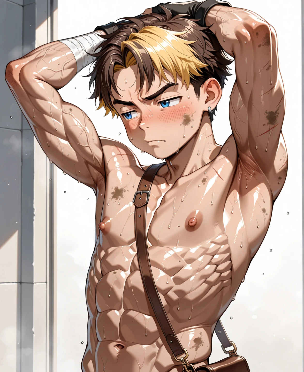 ((1boy)), young boy, (nice hands, perfect hands), (male focus), (perfect anatomy), ((kirishima eijirou)), bare chest, sparkling eyes, abs and pectoral muscles, (ready to attack a villain, looking at viewer), (ruined burning city in the background)