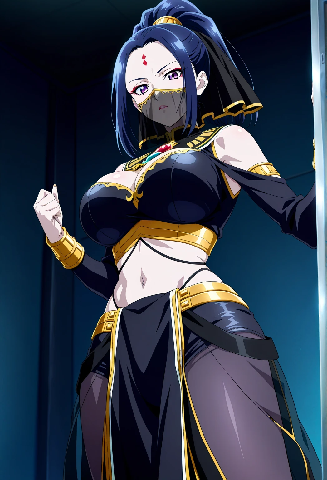 Karla,1girl,
ponytail,black hair,purple eyes,purple lips,
masterpiece, best quality, highly detailed, fantasy , a anime girls in armored dress holding a sword
posing for a picture, evil smile, smile, open mouth, breastplate with open cleavage, cleavage, warrior
outfit, ecchi anime style, anime girls, ecchi style, (nsfw) not safe for work, ecchi, digital anime art!!, in
anime style, official artwork, visual novel cg, beautiful anime girl, anime style 4 k , loincloth, exposed
belly, exposed navel, exposed midriff, exposed lower belly, pencil skirt armored, castle,inside castle