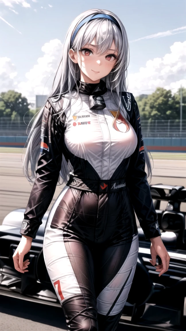 30 years old girl, long black hair, dark skin, wearing a white racing driver suit, cleavage, brown eyes, smiling, sexy pose, high res, ultrasharp, 8K, (magazine: 1.3), (style de couverture: 1.3), race paddock, background